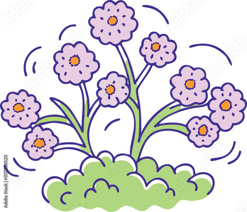 Stylized Flower Bush Illustration with Lavender Petals and Green Foliage on Black Background