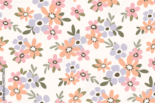Seamless floral pattern, liberty ditsy print in romantic pastel colors. Delicate botanical design of mini simple plants, small hand drawn daisy flowers, tiny leaves abstract. Vector illustration.