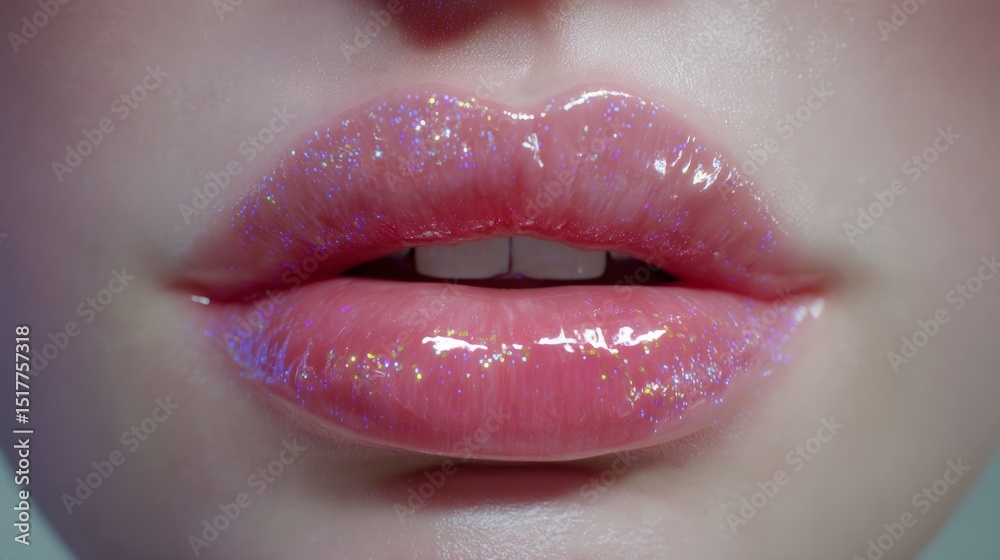 Obraz premium Close-up of glossy pink lips with iridescent sparkle
