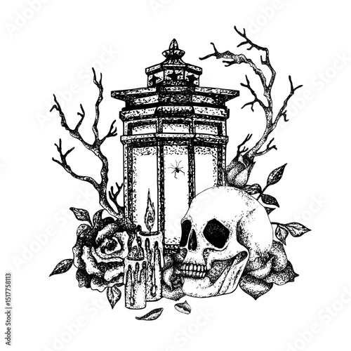 Skull, roses with petals, burning candle, dry branches, vintage lantern. Black white graphic illustration in Gothic style for Halloween, Day of the Dead. Vector for postcard, textile, packaging