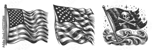 American flags and a pirate flag with skull and crossbones Set collection bundle sketch engraving generative ai vector illustration. Scratch board imitation. Black and white image.