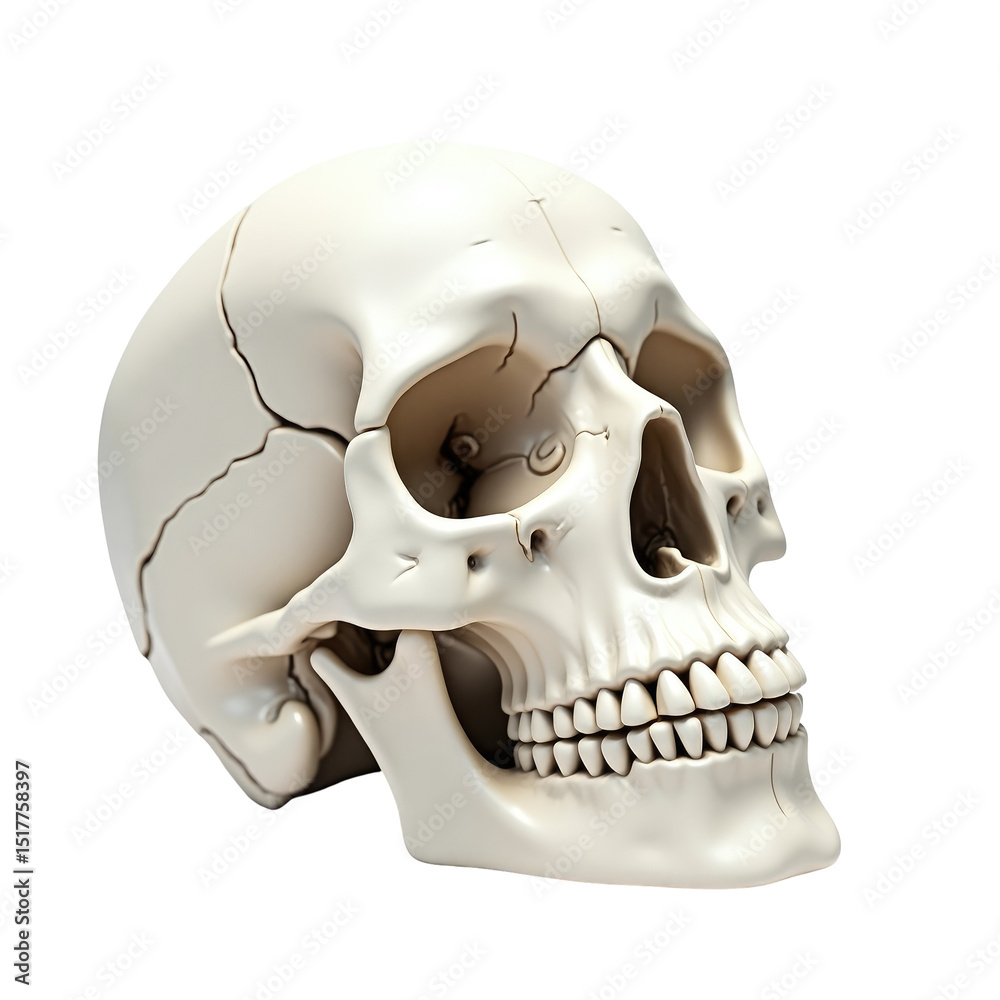Obraz premium Realistic human skull model from the side view with detailed cracks and textures isolated on transparent background representing mortality and income challenges