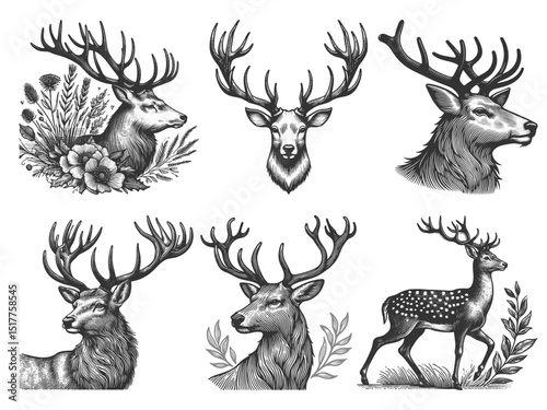 Deer and Stags Set collection bundle sketch engraving generative ai vector illustration. Scratch board imitation. Black and white image.