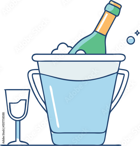 Champagne bottle chilling in ice bucket with an empty wine glass nearby