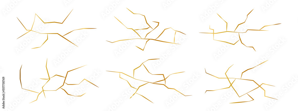 Set of gold kintsugi crack vector isolated elements. Golden material of kintsugi restoration