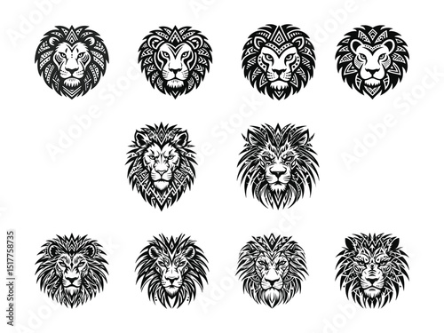 Tribal Lion Face Vector Art Geometric Patterns Polynesian Tattoo Style Black and White Silhouette for Logo or Engraving