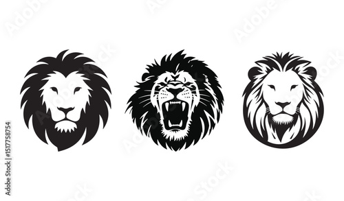 Fierce Roaring Lion Vector Silhouette Detailed Windswept Mane Sharp Geometric Lines Dynamic Black and White Illustration