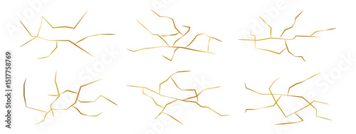 Set of gold kintsugi crack vector isolated elements. Golden material of kintsugi restoration