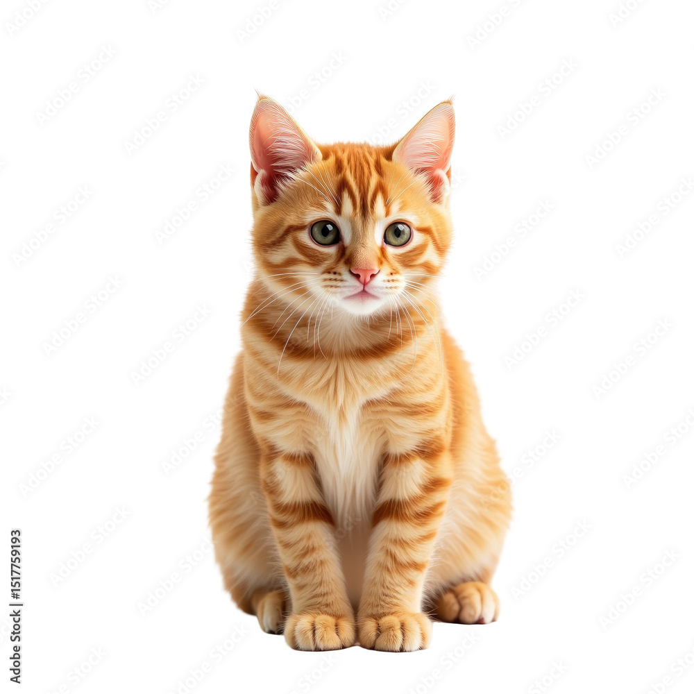Obraz premium Orange tabby cat sitting upright with striking green eyes and distinctive striped fur, isolated on a transparent background, showcasing its playful and alert expression.