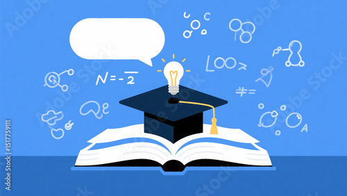 Illustration of graduation cap on open book with lightbulb and equations on a blue background