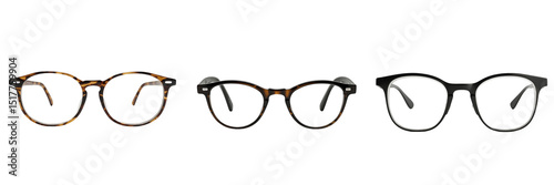 Three distinct pairs of eyeglasses with unique frame designs arranged in a straight row against a transparent background highlighting their features and styles.