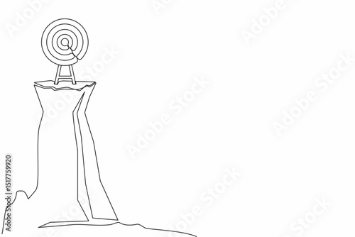 Single continuous line drawing archery target ring with arrows hitting bullseye on cliff. Dartboard on tripod. Goal achieving concept. Business success strategy symbol. One line graphic design vector