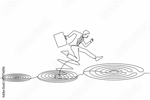 Single one line drawing businessman jumping on bigger target, successfully. Advancement in career or business growth concept. Aspiration and motivation. Continuous line draw design graphic vector