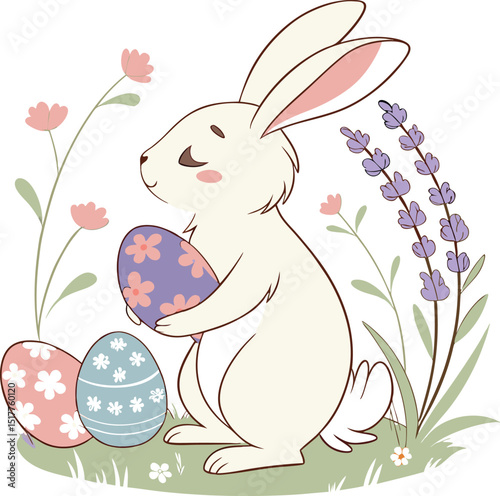 Cute cartoon Easter bunny with colorful eggs in spring nature
