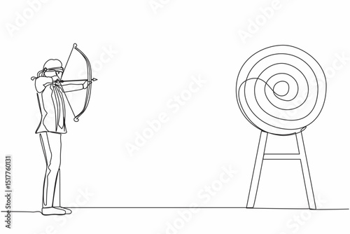 Single one line drawing businessman trying to shoot target with blindfold. Trying to achieve goal without vision. Blindfold man holding bow arrow looking for target. Continuous line draw design vector
