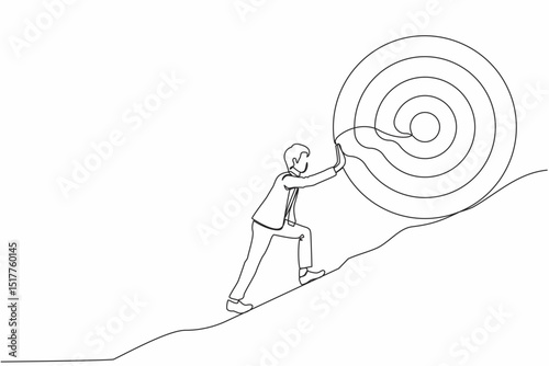 Single continuous line drawing businessman push up big target to mountain. Salary man pushing giant target upwards so very difficult. Goal too big can be difficult. One line draw graphic design vector
