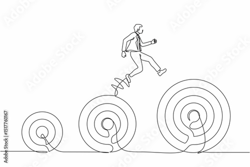 Continuous one line drawing businessman jumping up higher target career goals. The business next target. Planning and successful. Business metaphor. Single line draw design vector graphic illustration