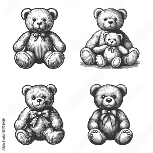 Teddy Bear Set collection bundle sketch engraving generative ai vector illustration. Scratch board imitation. Black and white image.