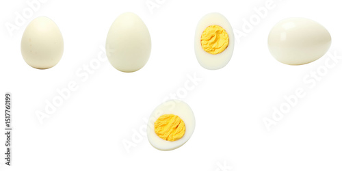Assorted views of a boiled egg including whole egg and sliced versions, presented on a transparent dish with a clear background for isolation and emphasis on egg details.