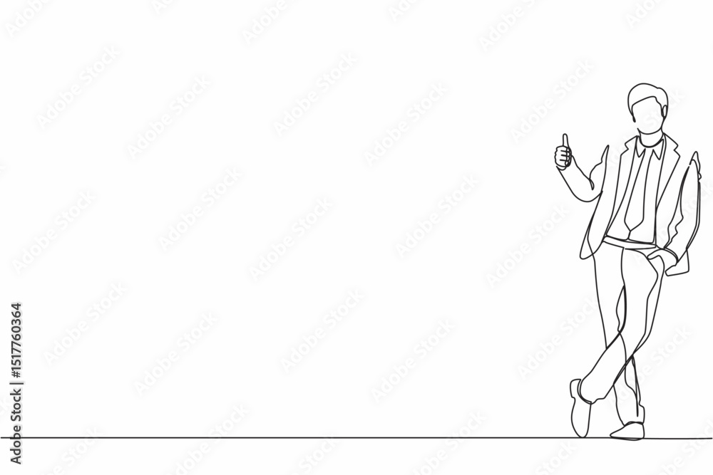 Continuous one line drawing excited businessman dressed in formal wear showing thumbs up sign and leaning against the wall. Deal, like, agree, approve, accept. Single line draw design vector graphic Continuous one line drawing excited businessman dressed in formal wear showing thumbs up sign and leaning against the wall. Deal, like, agree, approve, accept. Single line draw design vector graphic