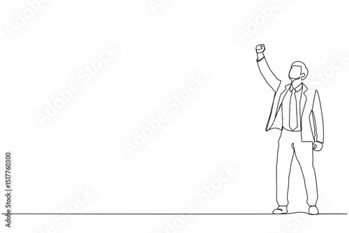 Continuous one line drawing young businessman executive celebrate his successful, raising hands with clenched fists up over head. Success and vision concept. Single line draw design vector llustration
