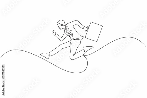 Continuous one line drawing young worker guy jumping to show his success. Business man wearing suit, carrying briefcase is jump from point to point on white background. Single line draw design vector