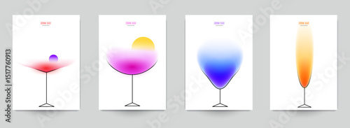 Background template for poster, card or menu with drink cocktails in minimal fashion style. Creative art composition with blurred gradient and simple line elements. Vivid vector illustration.