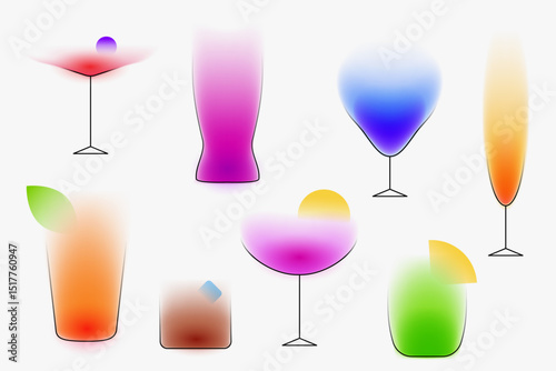 Cocktails drinks silhouette. Creative art composition with blurred gradient and simple line elements. Bright modern design in minimalistic style. Vivid vector illustration.