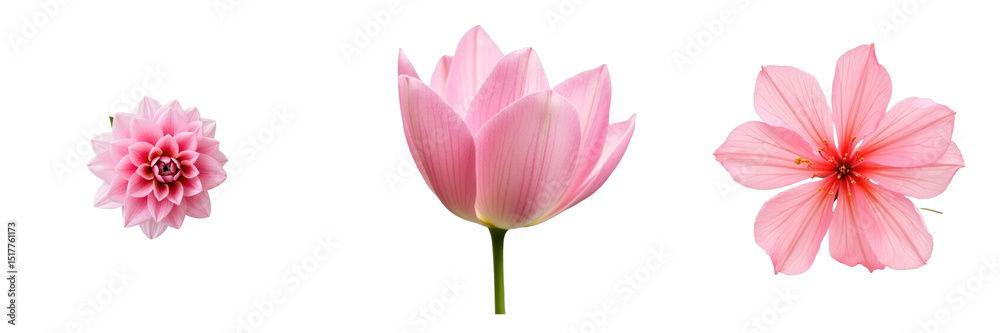 Naklejka premium three distinct pink flowers isolated on transparent background featuring a dahlia lotus and hibiscus with detailed petals and vibrant colors