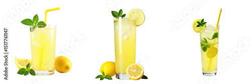 Panel kuchenny z motywem fresh lemonade drinks with mint and lemon slices on transparent background isolated with various arrangements showcasing refreshing summer beverage options