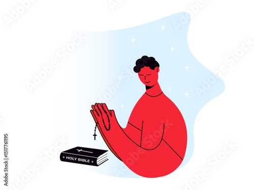 Young man holding hands folded in prayer with religious cross. Flat vector illustration isolated on white background