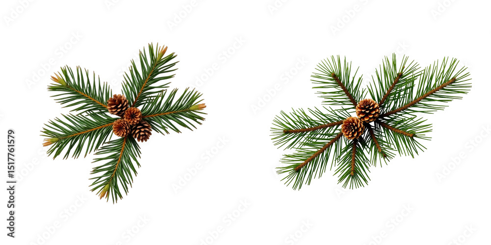 Pine tree branch with pine cones isolated on transparent background showcasing detailed green needles and natural textures suitable for holiday design elements. Pine tree branch with pine cones isolated on transparent background showcasing detailed green needles and natural textures suitable for holiday design elements.