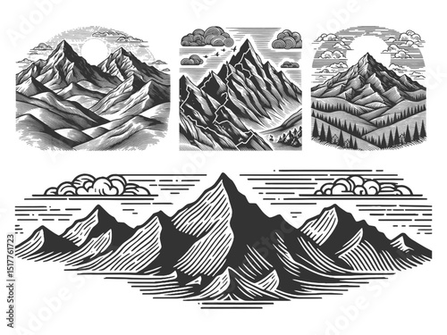 Mountain Landscape Set collection bundle sketch engraving generative ai vector illustration. Scratch board imitation. Black and white image.