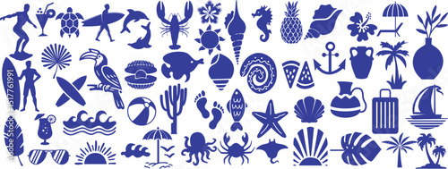 Tropical summer ocean print set with hand drawn exotic plant, shrimp, beach item fruit, and surf symbols. Vintage beach vacation badge, Hawaii travel logo, coastal stamp, and sea-themed design kit.
