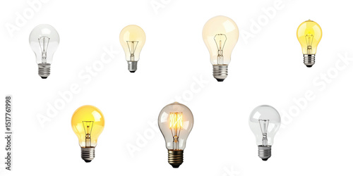 Collection of various lightbulbs including incandescent and LED types isolated on transparent background highlighting innovative lighting designs and concepts.