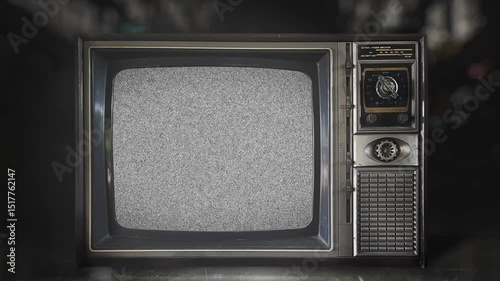 front view of old-fashioned antique television with turn on and turn off with black and white static distortion noise screen for analog TV receiver monitor with no signal