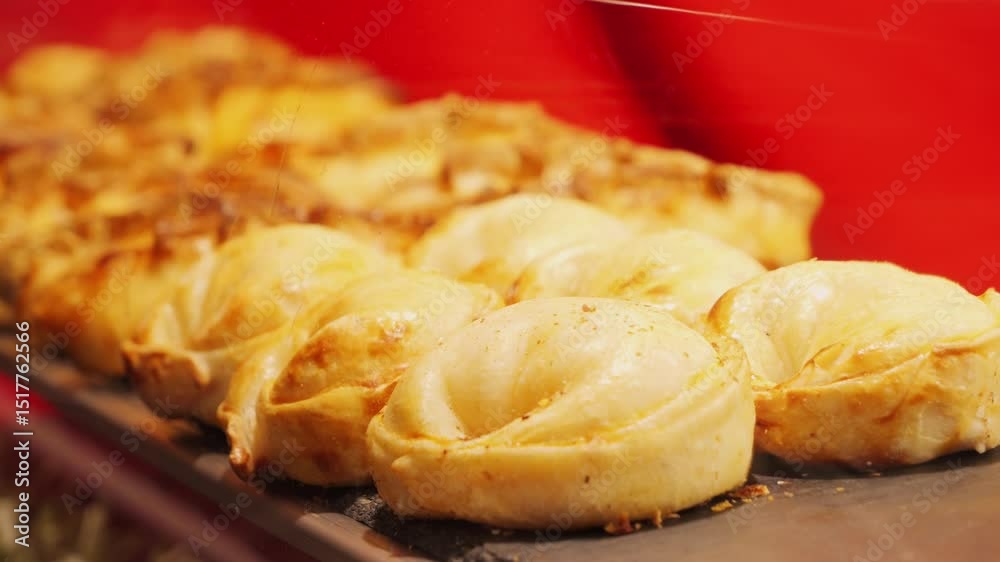Delicious homemade empanadas with different fillings on display at a farmer's food fair. High quality 4k footage Delicious homemade empanadas with different fillings on display at a farmer's food fair. High quality 4k footage