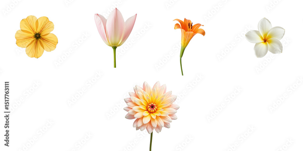 Obraz premium five colorful floral blooms isolated on a transparent background featuring orange lily, pink tulip, white frangipani, yellow flower, and peach dahlia arranged artistically
