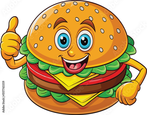 Cartoon Hamburger Character – Happy Burger with Thumbs Up and Retro Comic Style on White