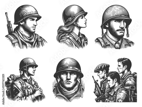 soldier Set collection bundle sketch engraving generative ai vector illustration. Scratch board imitation. Black and white image.