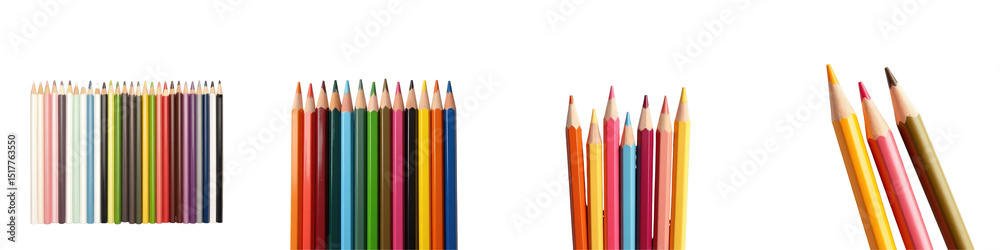 Color pencils arranged in groups isolated on transparent background displaying various colors and lengths suitable for art and design projects Color pencils arranged in groups isolated on transparent background displaying various colors and lengths suitable for art and design projects