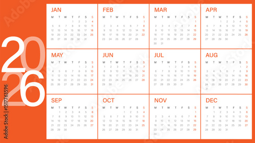 Calendar 2026 year - vector illustration. Week starts on Monday. Calendar Set for 2026 year. Calendar 2026 week start Monday corporate design template vector. Desk calendar 2026.