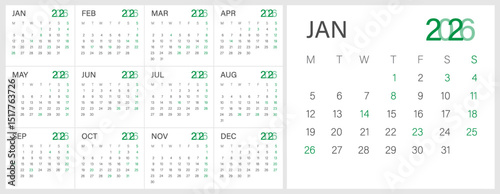 Calendar 2026 year - vector illustration. Week starts on Monday. Calendar Set for 2026 year. Calendar 2026 week start Monday corporate design template vector. Desk calendar 2026.