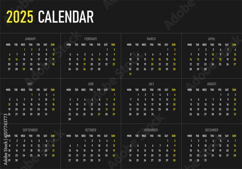 2025 Calendar. Monday first, two weekends. Simple calender layout. Desk planner template with 12 months. Yearly diary.