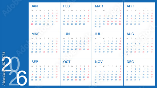 Calendar 2026 year - vector illustration. Week starts on Monday. Calendar Set for 2026 year. Calendar 2026 week start Monday corporate design template vector. Desk calendar 2026.