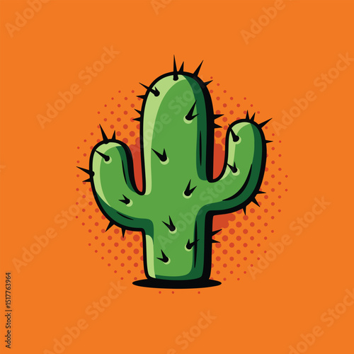 minimal cactus pop art symbol vector with vibrant orange background and halftone dots