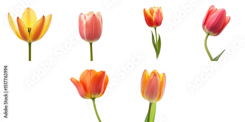 Vibrant collection of tulips in various colors and shapes, isolated on a transparent background, showcasing their unique beauty and grace in a stunning floral arrangement.