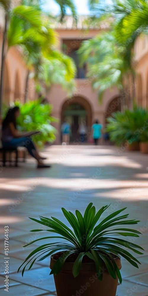 Fototapeta premium Peaceful Courtyard Scene Woman Relaxes Amid Lush Greenery, College Campus Vibe Copyspace