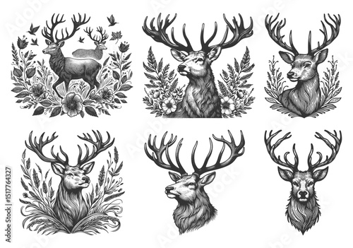 Deer and Stags Set collection bundle sketch engraving generative ai vector illustration. Scratch board imitation. Black and white image.