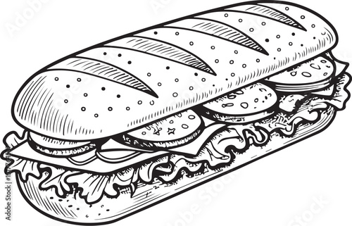 Submarine Sandwich Vector Illustration, Sketch Drawing Line Linear Symbol Icon Engraving Coloring Book, Hand-drawn Black and White Isolated